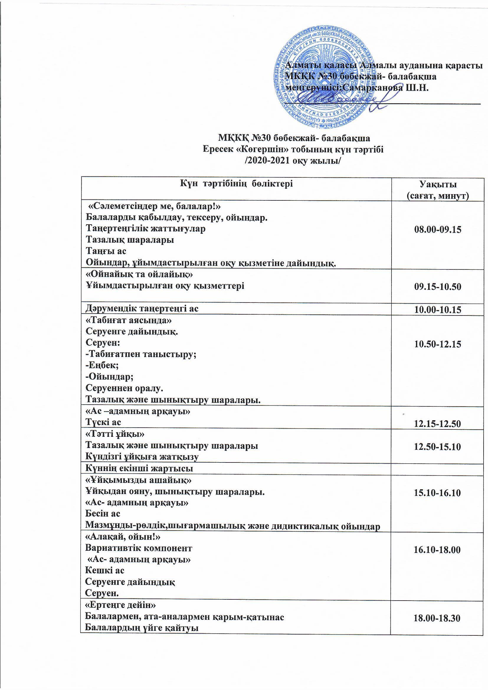 2020-2021 оқу жылы. Ересек топтар күн тәртібі