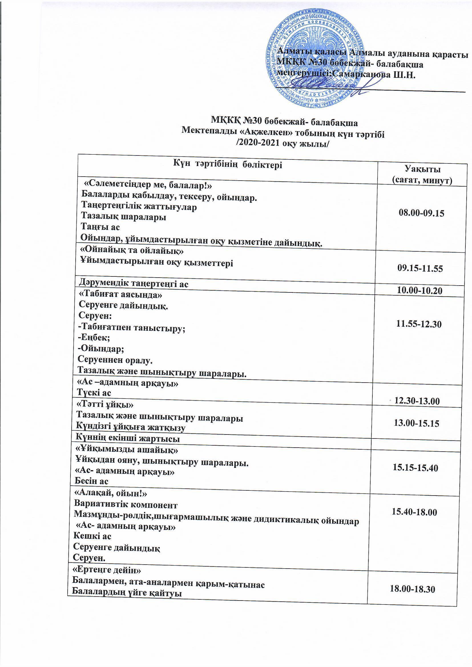 2020-2021 оқу жылы. Мектепалды топтар күн тәртібі